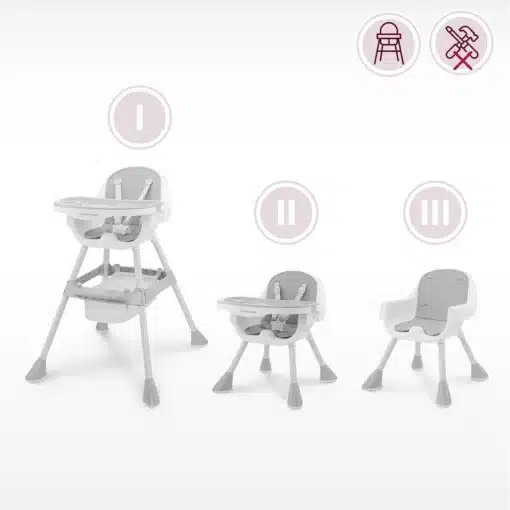 2-in-1 beebi söögitool reguleeritava kandikuga | E-pood Tootemaailm Valge beebitoitmistool kolmes kasutusastmes: kõrge tool, madalam tool ja istmekõrgendus