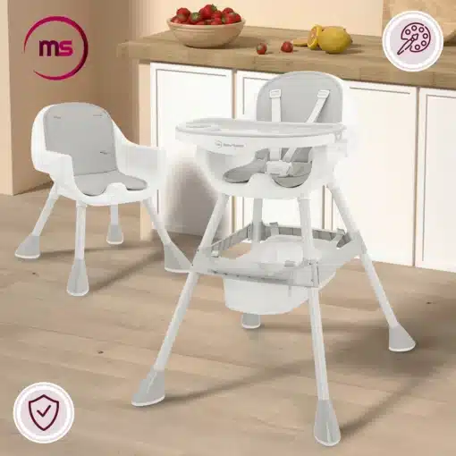 2-in-1 beebi söögitool reguleeritava kandikuga | E-pood Tootemaailm Valge Moby-System söögitool kandiku ja turvarihmadega köögis, kõrval valge laste tool