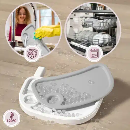 2-in-1 beebi söögitool reguleeritava kandikuga | E-pood Tootemaailm Hall köögitarviku alus valgete detailidega, millel on veepiisad ja 120 °C kuumakindluse märgis