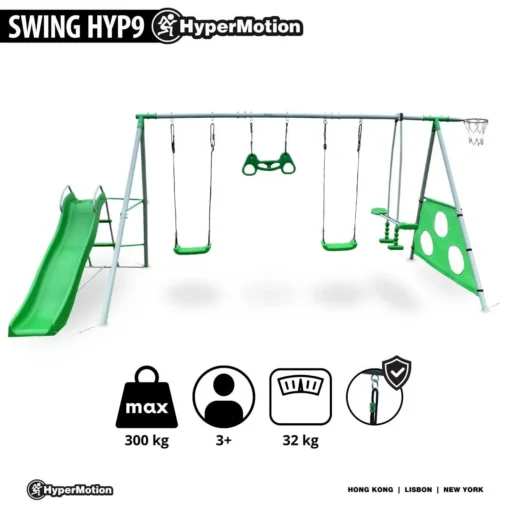 HyperMotion Swing Hyp9 roheline laste mänguväljak liumäe, kiikede, ronimisseina ja korvpallirõngaga