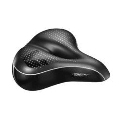 Must jalgrattasadul Comfort Connect logoga, ergonoomilise kuju, polsterduse ja valgete dekoratiivsete õmblustega