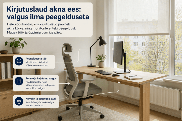 Kirjutuslaud akna ees: valgus ilma peegelduseta | E-pood Tootemaailm Hele kodukontor, kus kirjutuslaud paikneb akna kõrval ning monitorile ei teki peegeldust