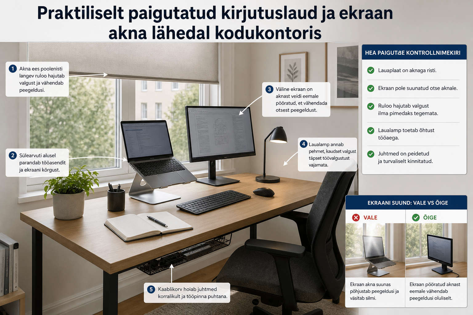 Praktiliselt paigutatud kirjutuslaud ja ekraan akna lähedal kodukontoris