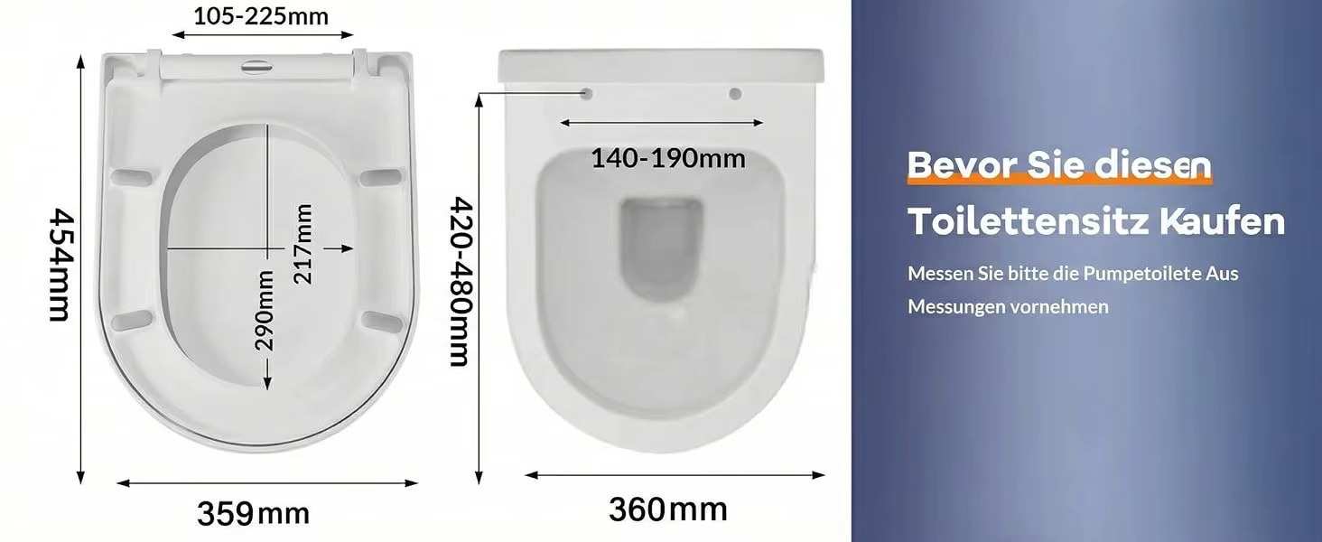 WC-prill-laua mõõtude diagramm: laius 359–360 mm, pikkus 420–480 mm ja kinnitusvahe 105–225 mm