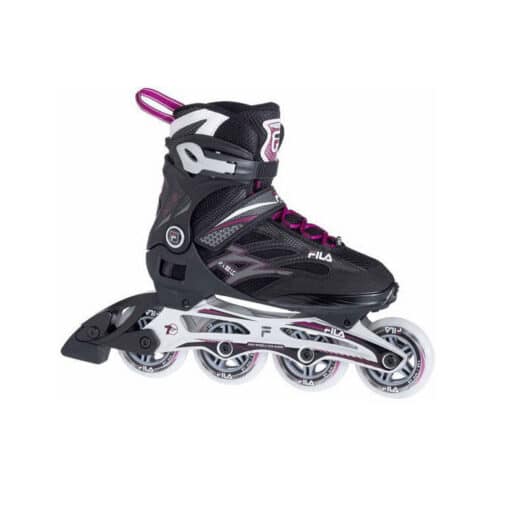 Mustad rulluisud suurus 40 | E-pood Tootemaailm Mustad ja roosade detailidega Fila inline-rulluisud valgel taustal