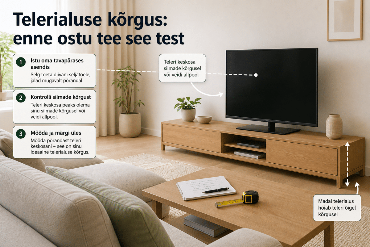 Telerialuse kõrgus: enne ostu tee see test | E-pood Tootemaailm Heledas elutoas diivani ees madal telerialus ja õigel kõrgusel teler