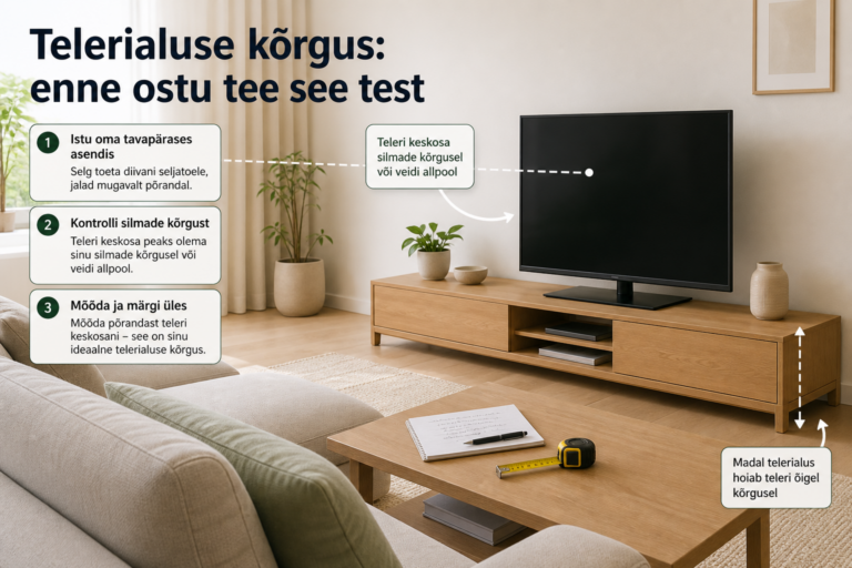 Telerialuse kõrgus: enne ostu tee see test | E-pood Tootemaailm Heledas elutoas diivani ees madal telerialus ja õigel kõrgusel teler