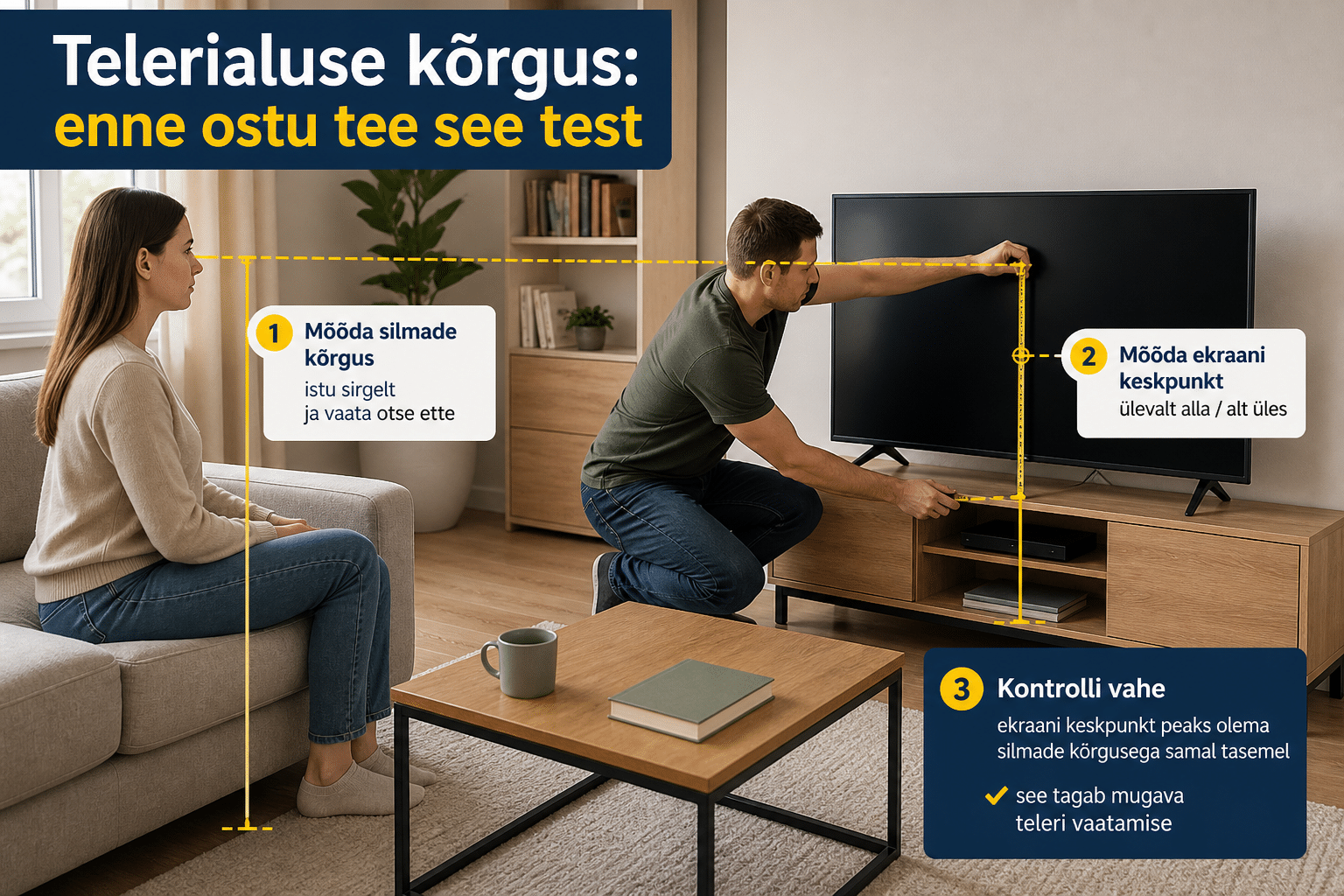 Teleri ekraani keskpunkti ja diivanil istuva inimese silmade kõrguse mõõtmine
