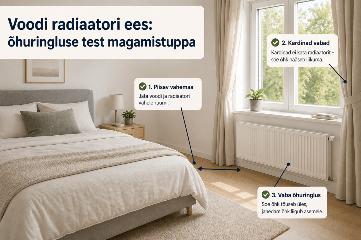 Voodi on radiaatori ees? Tee õhuringluse test | E-pood Tootemaailm Hele magamistuba, kus voodi asub radiaatorist piisaval kaugusel ja kardinad ei kata küttekeha