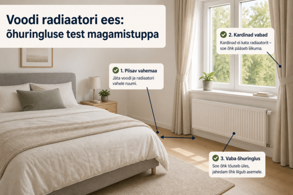 Voodi on radiaatori ees? Tee õhuringluse test | E-pood Tootemaailm Hele magamistuba, kus voodi asub radiaatorist piisaval kaugusel ja kardinad ei kata küttekeha