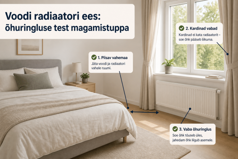 Voodi on radiaatori ees? Tee õhuringluse test | E-pood Tootemaailm Hele magamistuba, kus voodi asub radiaatorist piisaval kaugusel ja kardinad ei kata küttekeha