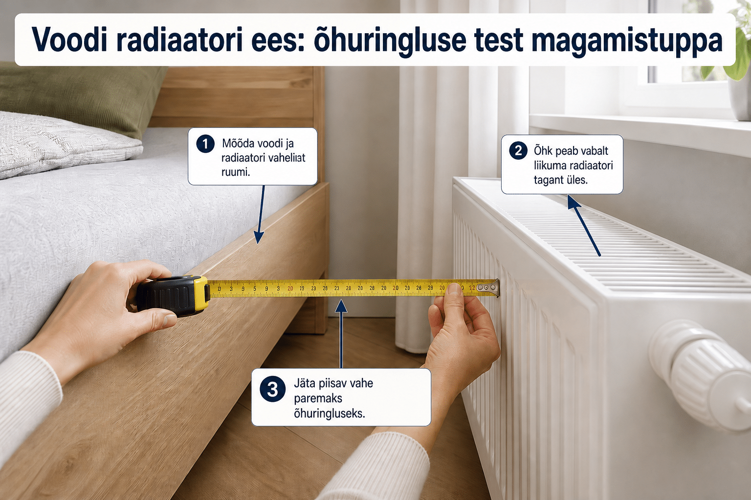 Mõõdulindiga kontrollitakse voodi ja radiaatori vahelist ruumi magamistoas