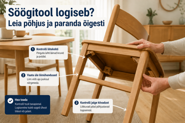 Puidust söögitooli liiteid kontrollitakse valgusküllases söögitoas