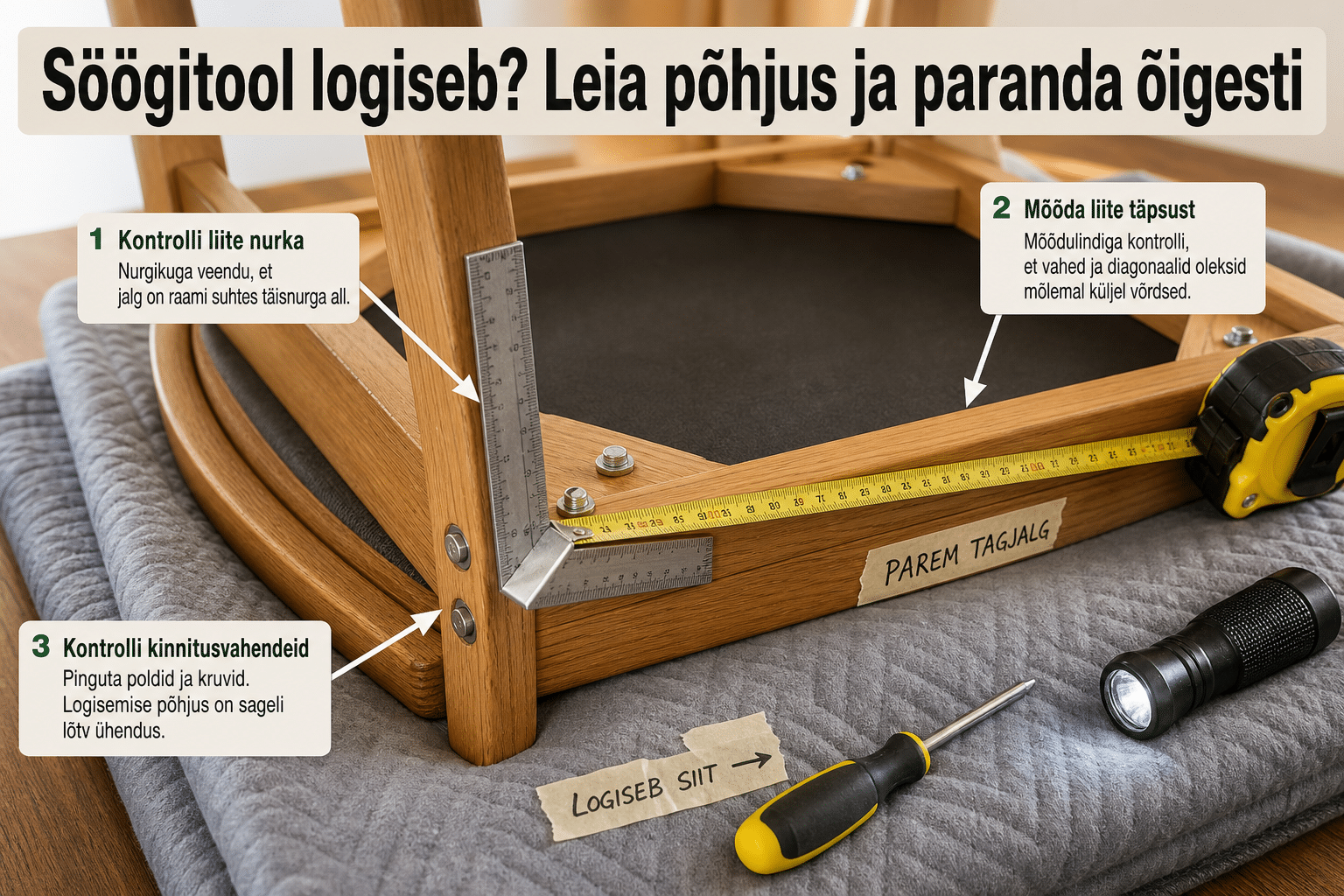 Söögitooli jala ja raamiliite kontroll mõõdulindi ning nurgikuga