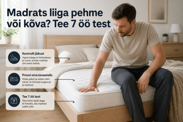 Heledas magamistoas madratsi jäikust kontrolliv inimene