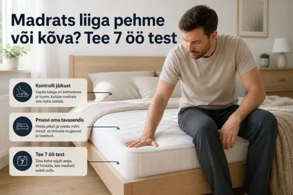 Madrats liiga pehme või kõva? Tee 7 öö test | E-pood Tootemaailm Heledas magamistoas madratsi jäikust kontrolliv inimene