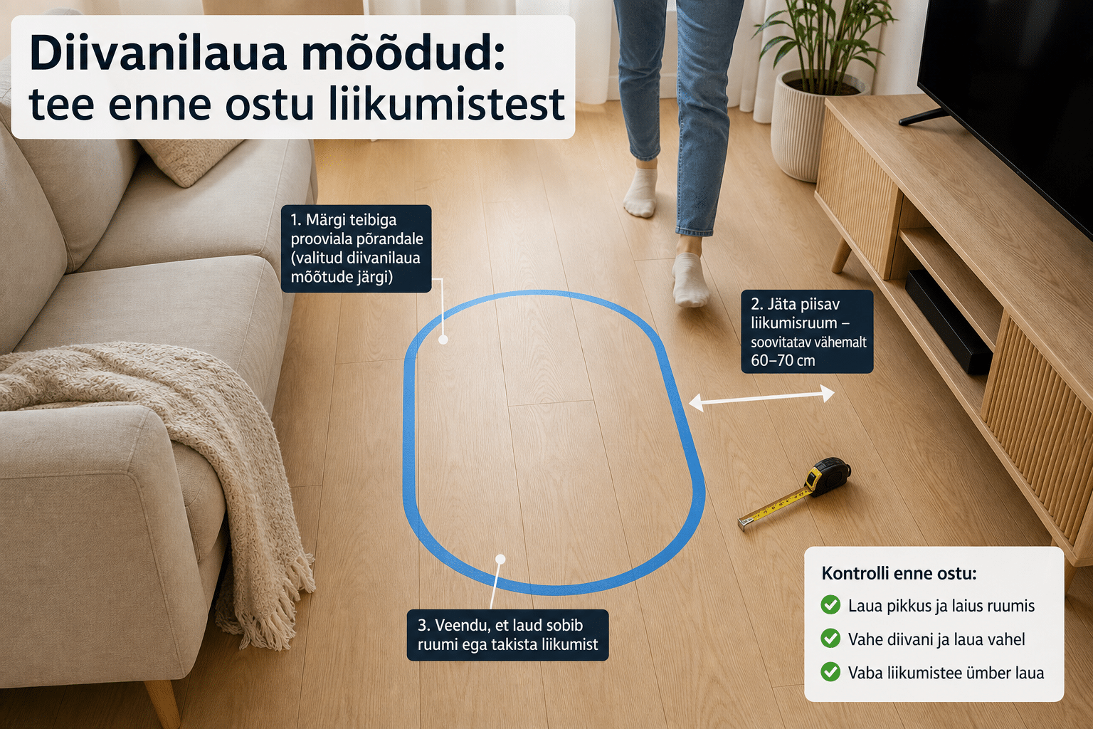 Teibiga põrandale märgitud diivanilaua prooviala elutoas