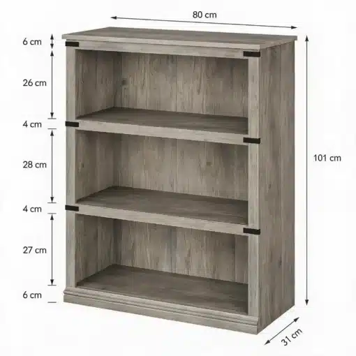 Puidust avatud riiul 80x31x100 cm | E-pood Tootemaailm Hallikas puidumustriga kolme avatud riiulivahega raamaturiiul, mõõtudega 80 × 31 × 101 cm