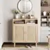 Rotangustega puhvetkapp kahe ukse ja avatud sektsiooniga 80 × 40 × 92 cm | E-pood Tootemaailm Heledast puidust rotangustega esikukapp avatud riiulite, kahe ukse ja kuldsete käepidemetega