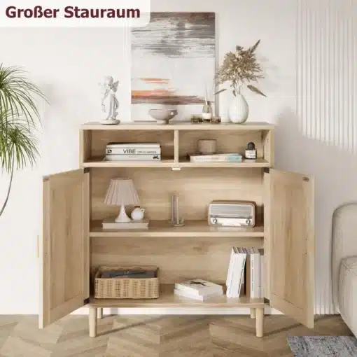 Rotangustega puhvetkapp kahe ukse ja avatud sektsiooniga 80 × 40 × 92 cm | E-pood Tootemaailm Hele puidutooni kahe uksega puhvetkapp avatud riiulite ja panipaikadega elutoas