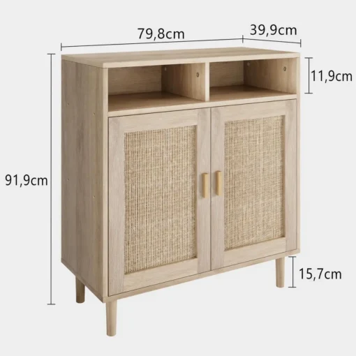 Rotangustega puhvetkapp kahe ukse ja avatud sektsiooniga 80 × 40 × 92 cm | E-pood Tootemaailm Heleda puidutooniga kahe ukse ja rotangvõrguga kapp avatud ülemiste riiulitega, mõõdud 79,8 × 39,9 × 91,9 cm