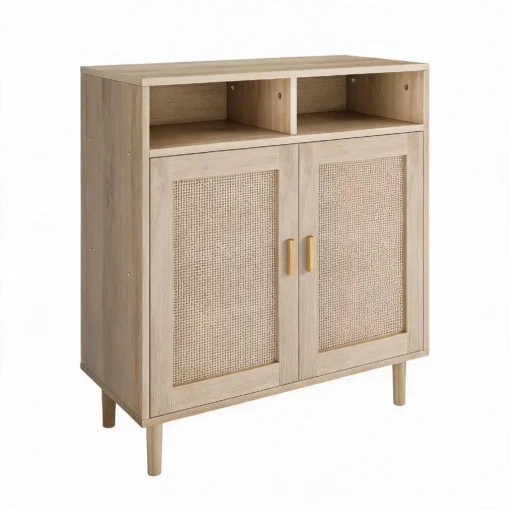 Rotangustega puhvetkapp kahe ukse ja avatud sektsiooniga 80 × 40 × 92 cm | E-pood Tootemaailm Heledast puidust kapp kahe rotangmustrilise ukse, kahe avatud riiuli ja kõrgete jalgadega