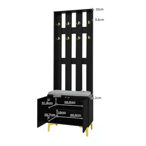 Esikunagi jalatsiriiuli ja reguleeritava riiuliga | E-pood Tootemaailm Must esikupink jalanõukapiga ja nagidega, mõõtudega 56,6 × 35,2 × 105,6 cm