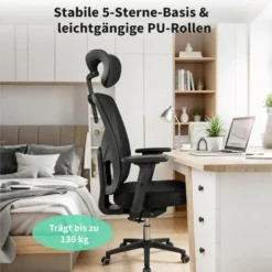 Must ergonoomiline kontoritool võrktoega, peatoe ja 5-harulise alusega PU-ratastel