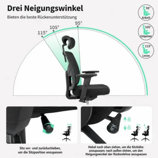 Ergonoomiline kontoritool peatoe ja nimmetoega 2D käetugedega | E-pood Tootemaailm Ergonoomiline must kontoritool kolme seljatoe kaldenurgaga 95°, 105° ja 115°