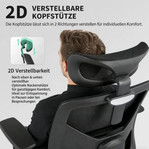 Ergonoomiline kontoritool peatoe ja nimmetoega 2D käetugedega | E-pood Tootemaailm Must ergonoomiline kontoritool reguleeritava 2D-peatugi ja kaelatoega