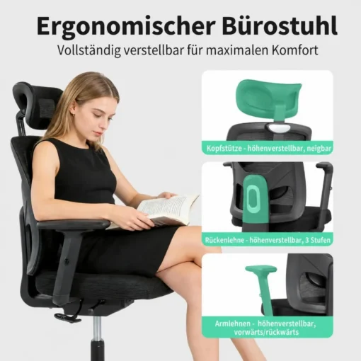 Ergonoomiline kontoritool peatoe ja nimmetoega 2D käetugedega | E-pood Tootemaailm Must ergonoomiline kontoritool reguleeritava peatugi, seljatoe ja käetugedega