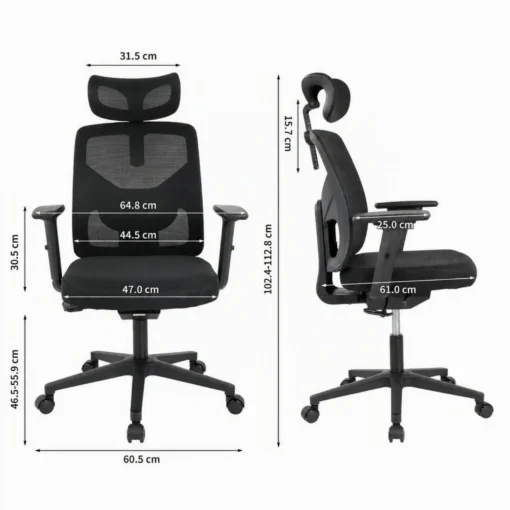 Ergonoomiline kontoritool peatoe ja nimmetoega 2D käetugedega | E-pood Tootemaailm Must võrkkangast kontoritool peatoe, käetugede ja ratastega ning mõõtudega külg- ja eestvaates