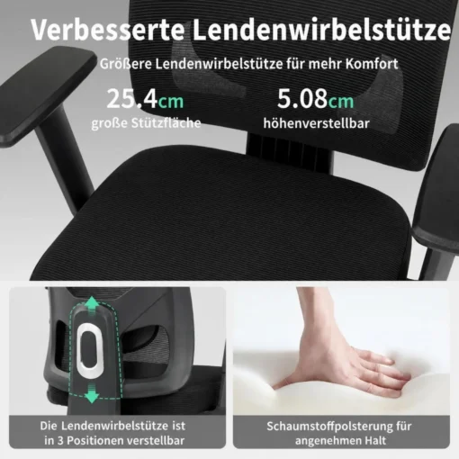 Ergonoomiline kontoritool peatoe ja nimmetoega 2D käetugedega | E-pood Tootemaailm Must kontoritool reguleeritava nimmetoega, 25,4 cm tugipind ja 5,08 cm kõrguse reguleerimine