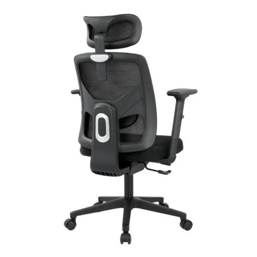 Ergonoomiline kontoritool peatoe ja nimmetoega 2D käetugedega | E-pood Tootemaailm Must ergonoomiline võrkseljatugede ja peatugedega kontoritool ratastel, vaade tagant