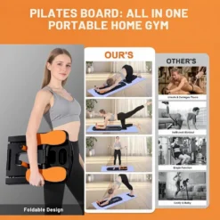 Kokkupandav Pilates Board treeninglaud, mida naine kannab ning millel tehakse koduseid harjutusi