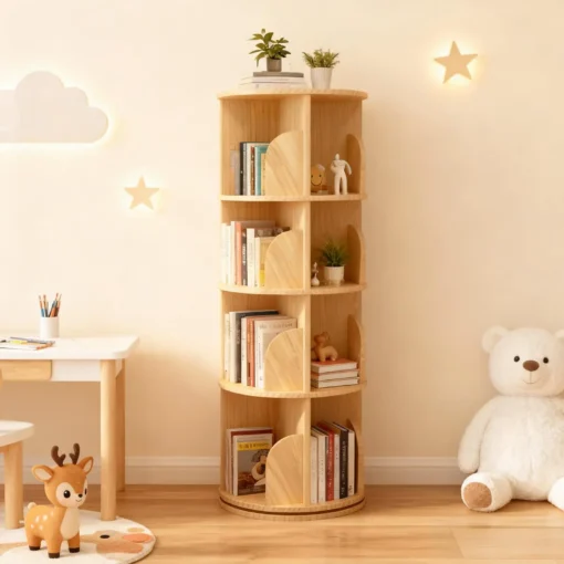 Pöörlev 4-korruseline raamaturiiul 360° 39 x 39 x 129 cm | E-pood Tootemaailm Puidust pöörlev raamaturiiul laste tuppa raamatute ja mänguasjade hoiustamiseks