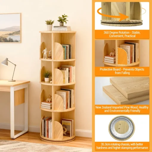 Pöörlev 4-korruseline raamaturiiul 360° 39 x 39 x 129 cm | E-pood Tootemaailm Pöörlev puidust raamaturiiul nelja avatud riiulitasandi, küljetugede ja dekoratiivesemetega