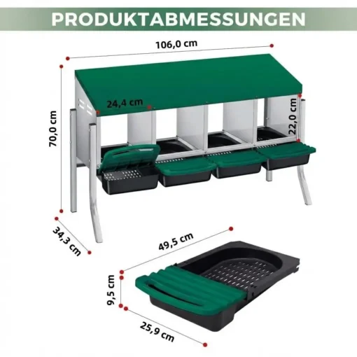 4 pesaga munemispesa kanadele kogumisalusega | E-pood Tootemaailm Rohelise katusega metallraam nelja musta plastkastiga, mõõtmetega 106 × 70 × 34,3 cm