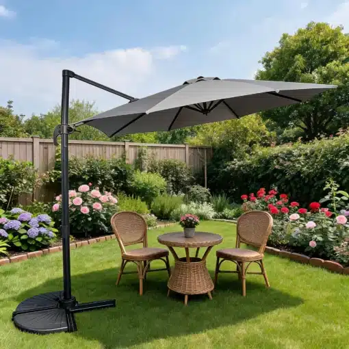 Hall külgvarjuga aiapäikesevari mustal jalal terrassilaua ja kahe rotangtooliga aias