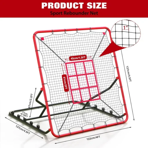 Punane spordi tagasilöögivõrk mõõtudega 122 × 137 cm, keskse sihtmärgi ja tugiraamiga