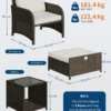 Aiamööbli komplekti mõõtmed: tugitool 70 cm kõrge, 74 x 71 cm; ottoman 30 cm kõrge, 58 x 61 cm; laud 45 x 45 x 45 cm
