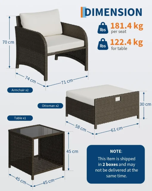 Aiamööbli komplekti mõõtmed: tugitool 70 cm kõrge, 74 x 71 cm; ottoman 30 cm kõrge, 58 x 61 cm; laud 45 x 45 x 45 cm