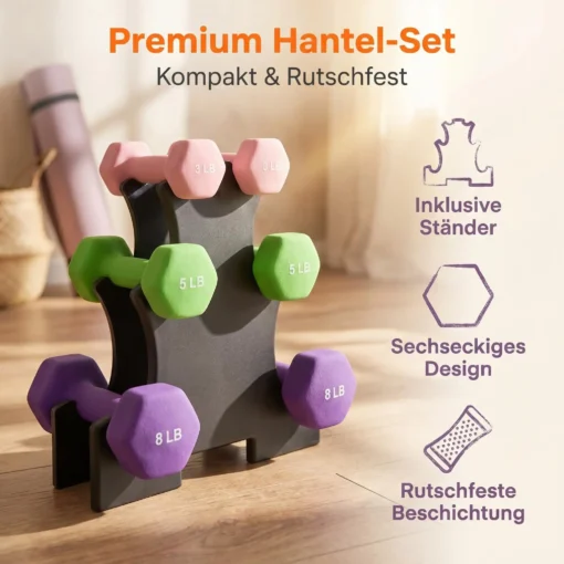 Kuusnurksete hantlite komplekt alusega 3 paari 3–8 lb | E-pood Tootemaailm Värviline hantlikomplekt alusega, kuusnurkne disain, raskused 3 LB, 5 LB ja 8 LB