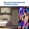 Akustilised seinapaneelid puiduliistudega 120 x 60 cm, 2 tk | E-pood Tootemaailm Infograafik akustilise müra vähendamise ja kaja põhimõttest, näidates magamistuba ja karaokepeo stseeni