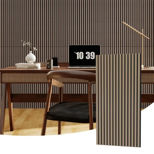 Akustilised seinapaneelid puiduliistudega 120 x 60 cm, 2 tk | E-pood Tootemaailm Vertikaalsed musta ja beeži triibud dekoratiivsel paneelil kaasaegses töökabinetis