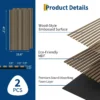 Akustilised seinapaneelid puiduliistudega 120 x 60 cm, 2 tk | E-pood Tootemaailm Toote infograafik kahe 23,6 x 47,2 tolli paneeliga, puidumustriline reljeefne pind, MDF ja vahtkiht