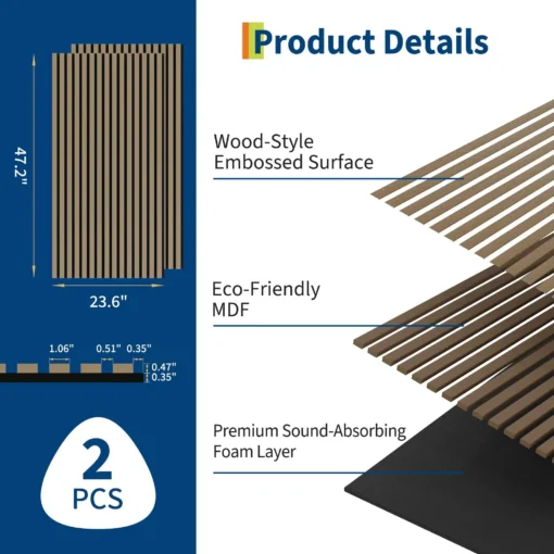 Akustilised seinapaneelid puiduliistudega 120 x 60 cm, 2 tk | E-pood Tootemaailm Toote infograafik kahe 23,6 x 47,2 tolli paneeliga, puidumustriline reljeefne pind, MDF ja vahtkiht