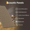 Akustilised seinapaneelid puiduliistudega 120 x 60 cm, 2 tk | E-pood Tootemaailm Bežid akustiline ribapaneel sisekujunduses, taustal tekst „Acoustic Panels” ja omadused