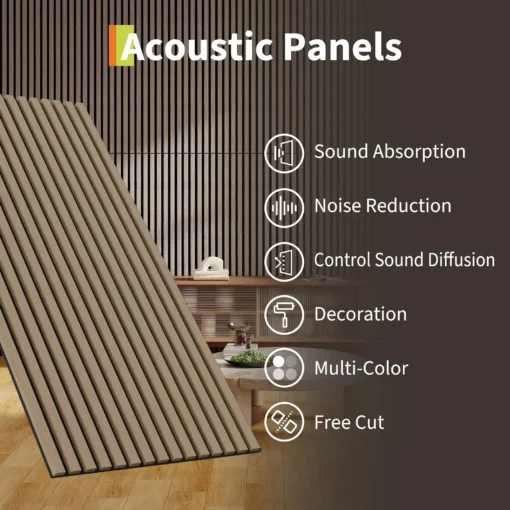 Akustilised seinapaneelid puiduliistudega 120 x 60 cm, 2 tk | E-pood Tootemaailm Bežid akustiline ribapaneel sisekujunduses, taustal tekst „Acoustic Panels” ja omadused