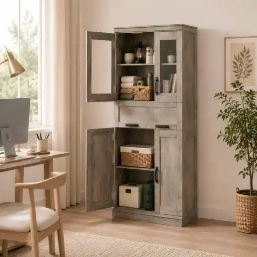 Vannitoa kõrge kapp klaasustega ja sahtliga 60 x 30 x 170 cm | E-pood Tootemaailm Hallika puidutooni klaasustega vitriinkapp koduses interjööris, avatud riiulite ja sahtlitega